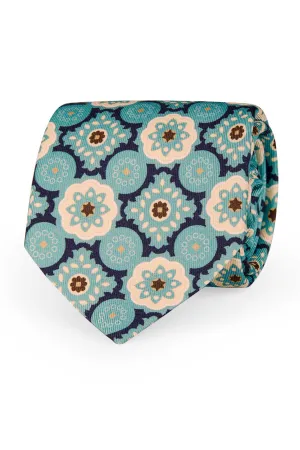 TOKYO - Blue, light blue & beige diamonds printed silk hand made tie