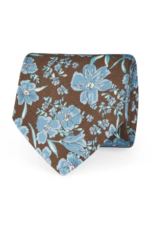 TOKYO - Light blue & brown macro floral silk tie printed