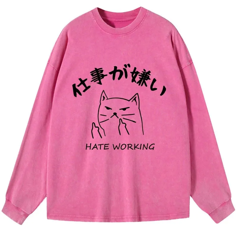 Tokyo-Tiger A Cat That Hates Work Washed Long Sleeve T-Shirt