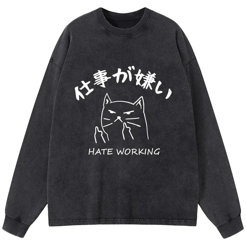 Tokyo-Tiger A Cat That Hates Work Washed Long Sleeve T-Shirt