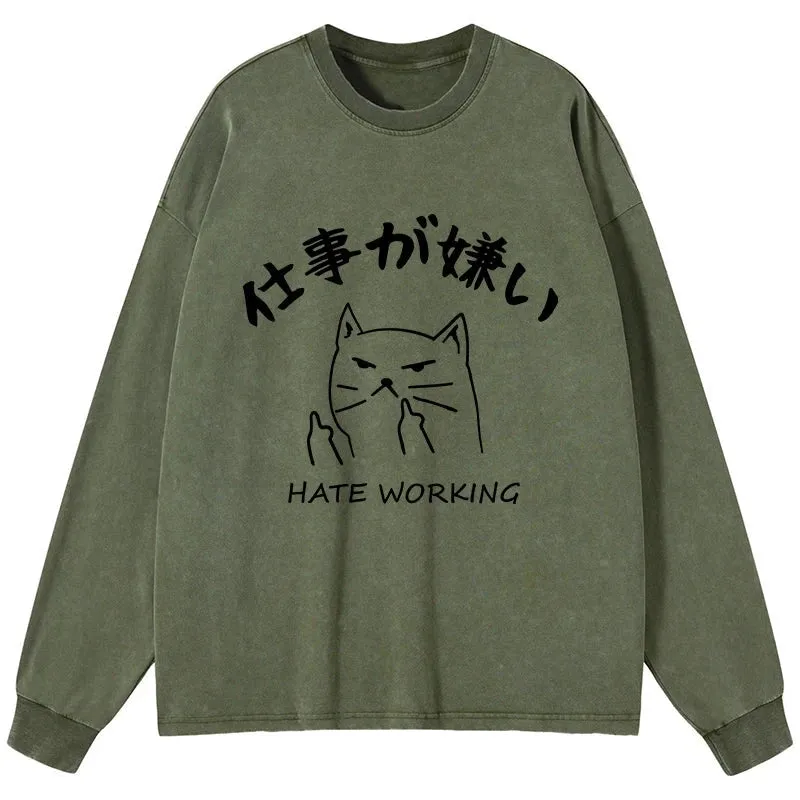 Tokyo-Tiger A Cat That Hates Work Washed Long Sleeve T-Shirt