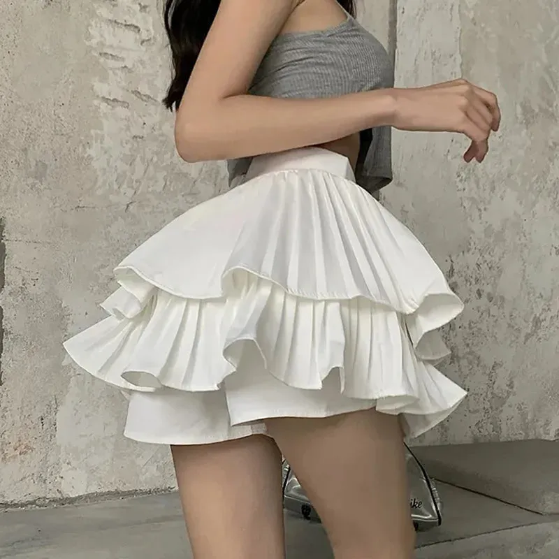 Toleet-Summer Layered White Skirt for Woman Y2K Ruffles High Waist Skirt Shorts Women Solid Pleated Mini Faldas Para Mujeres