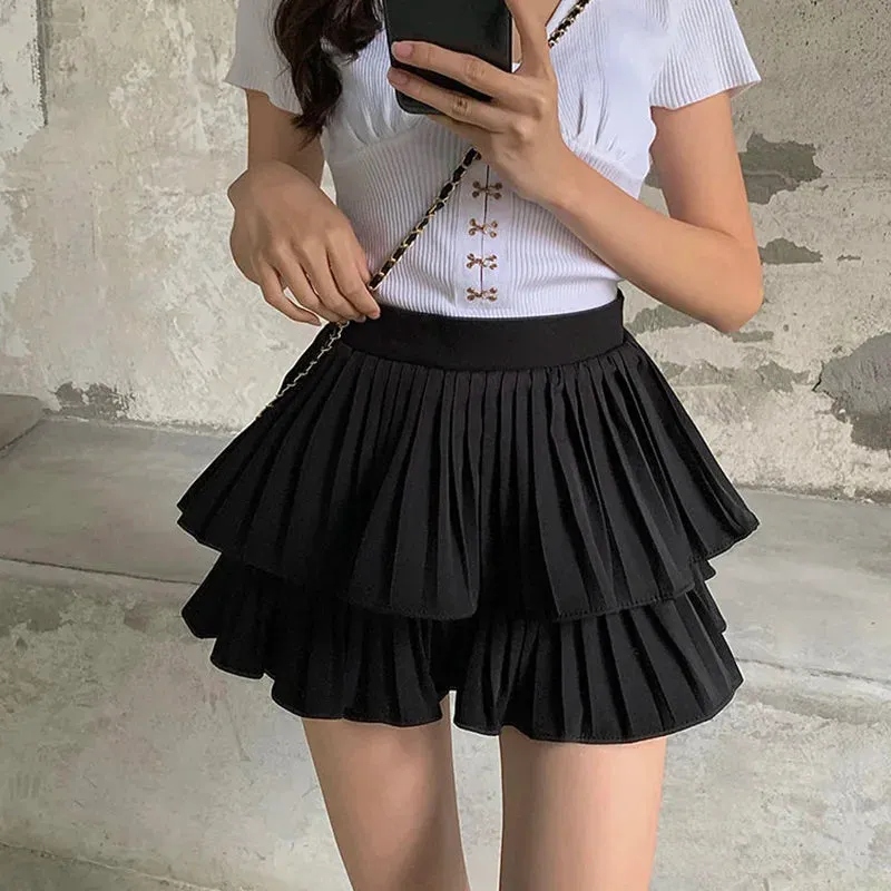 Toleet-Summer Layered White Skirt for Woman Y2K Ruffles High Waist Skirt Shorts Women Solid Pleated Mini Faldas Para Mujeres