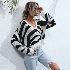 Toleet-Winter outfits women's zebra pattern knitted bottoming v-neck sweater