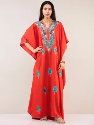 Tomato Red Aari Embroidered Kashmere Free Size Kaftan  - K12K030