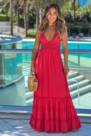 Tomato Red Crochet Top Maxi Dress With Tie Back