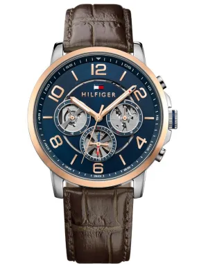 Tommy Hilfiger Keagan Mens Watch - Brown Strap - Blue Dial - Two-Tone - Day/Date