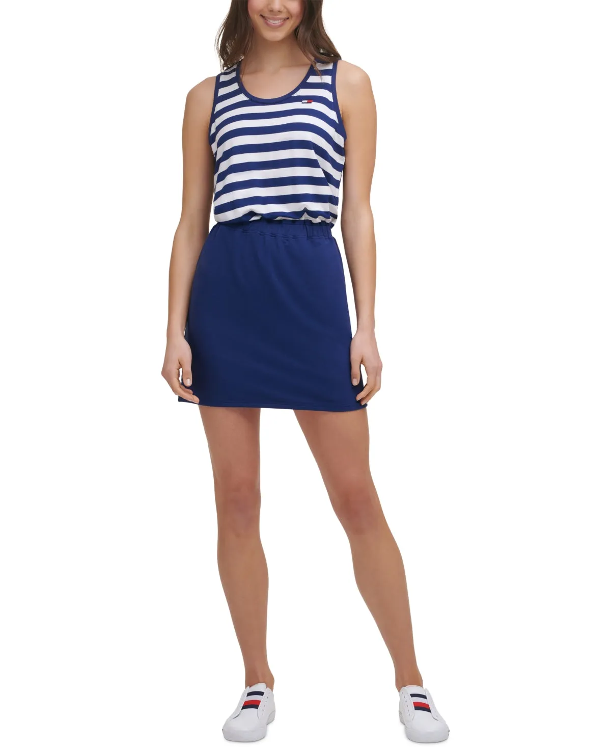 Tommy Hilfiger Women's Stretch Striped Sleeveless Scoop Neck Mini Dress Blue Size X-Large