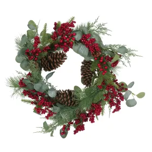 Torelli 22" Eucalyptus Artificial Wreath with Berries and Pinecones, Green and Red