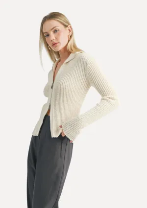 Tori Ribbed Zip-Up Cardigan - Ivory