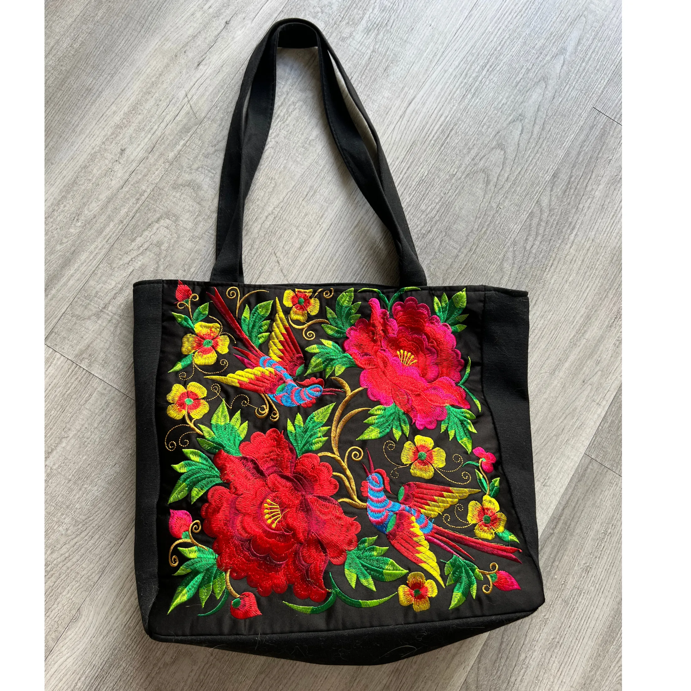 Tote Bag Flowers & Bird Embroidered Large