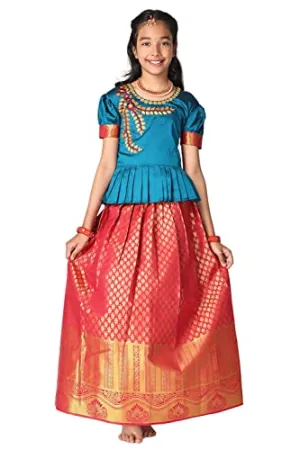 TotzTouch Kids Girls Pattu Pavadai | Lehenga Choli Set South Indian Traditional Wide Zari Border Embroidered Jacquard weave Ethnic Wear Red, Pink, Violet, Blue, Green, Sizes 1 to 10 Years