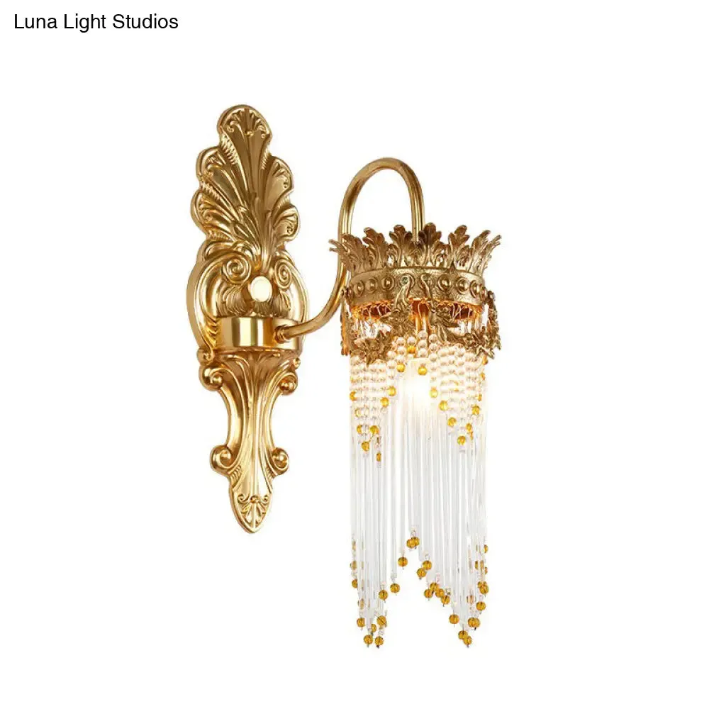 Traditional Gold Crown Wall Sconce with Crystal Fringe – Stylish Metal Living Room Lamp