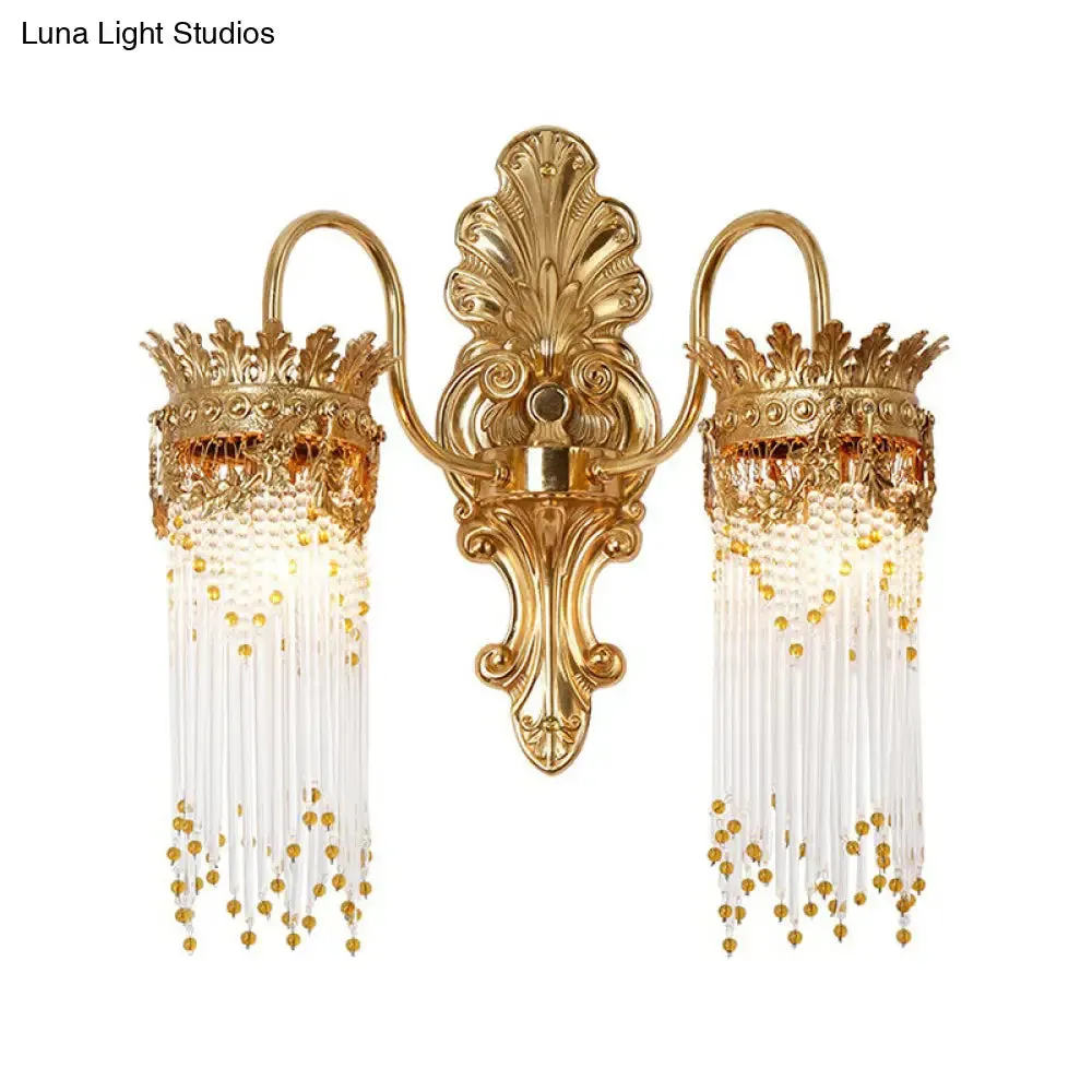 Traditional Gold Crown Wall Sconce with Crystal Fringe – Stylish Metal Living Room Lamp