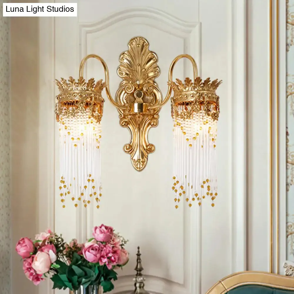 Traditional Gold Crown Wall Sconce with Crystal Fringe – Stylish Metal Living Room Lamp