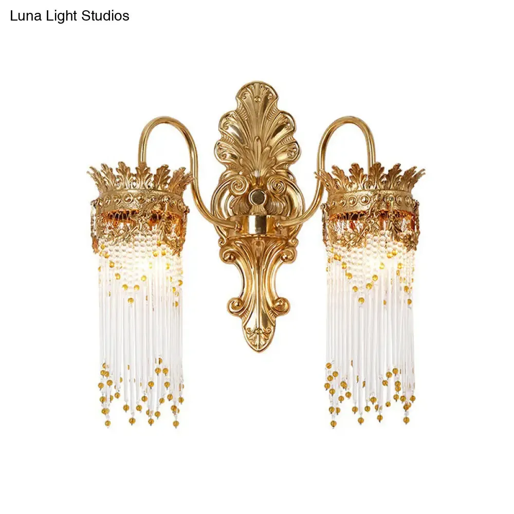 Traditional Gold Crown Wall Sconce with Crystal Fringe – Stylish Metal Living Room Lamp