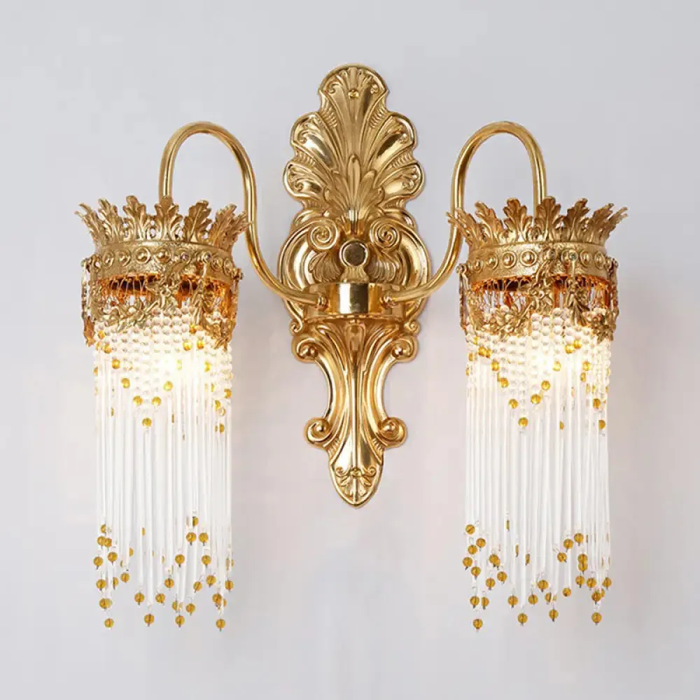 Traditional Gold Crown Wall Sconce with Crystal Fringe – Stylish Metal Living Room Lamp