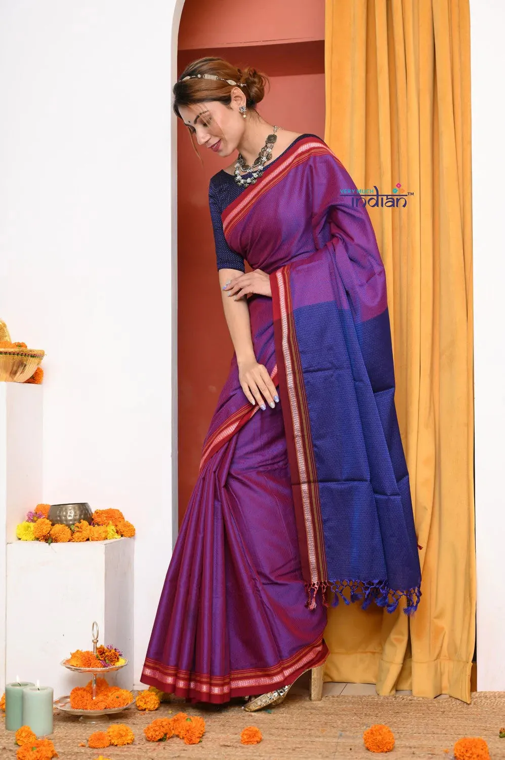 Traditional Khun Cotton Resham Saree, Dual Tone Pink-Purple