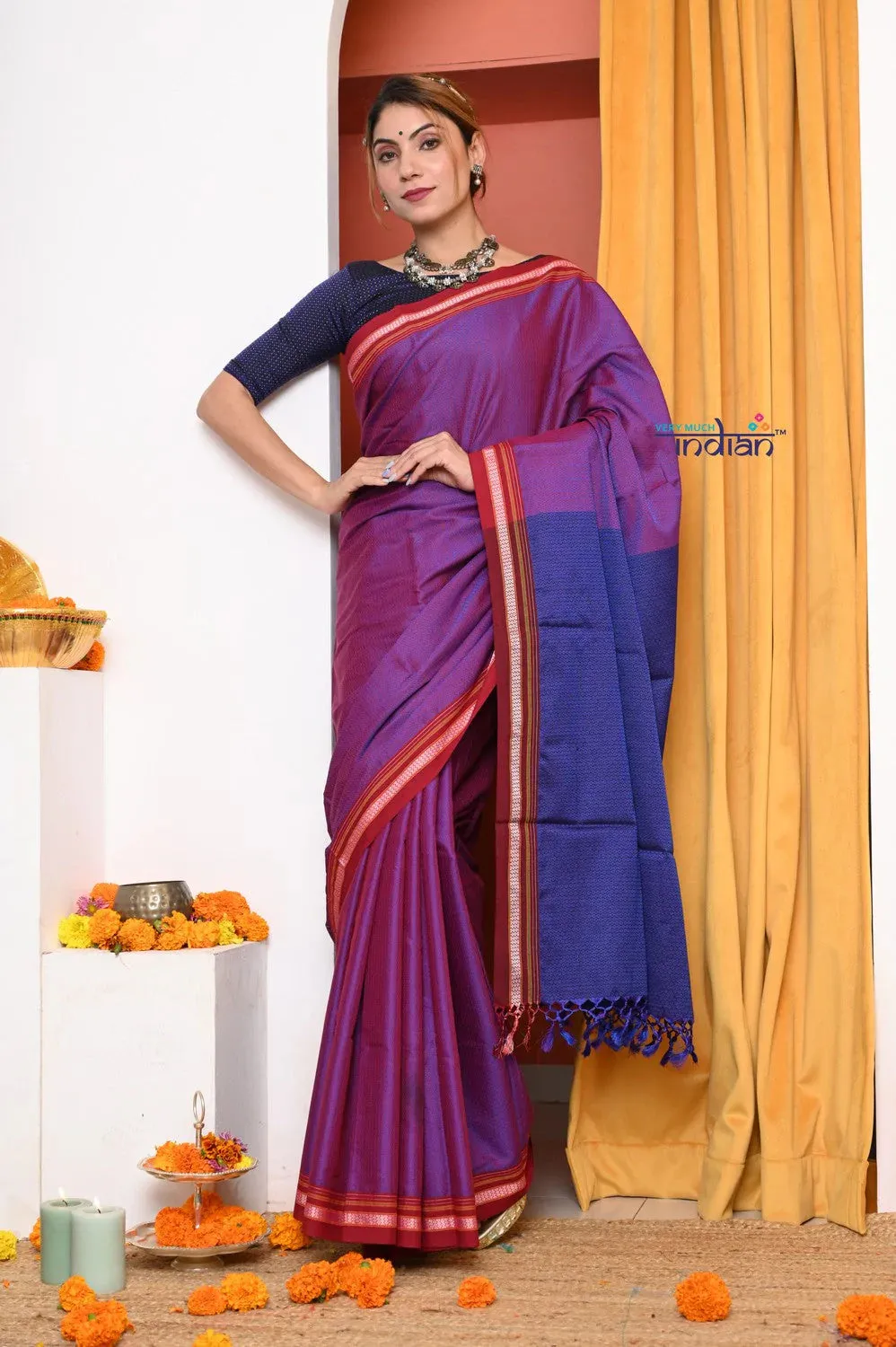 Traditional Khun Cotton Resham Saree, Dual Tone Pink-Purple