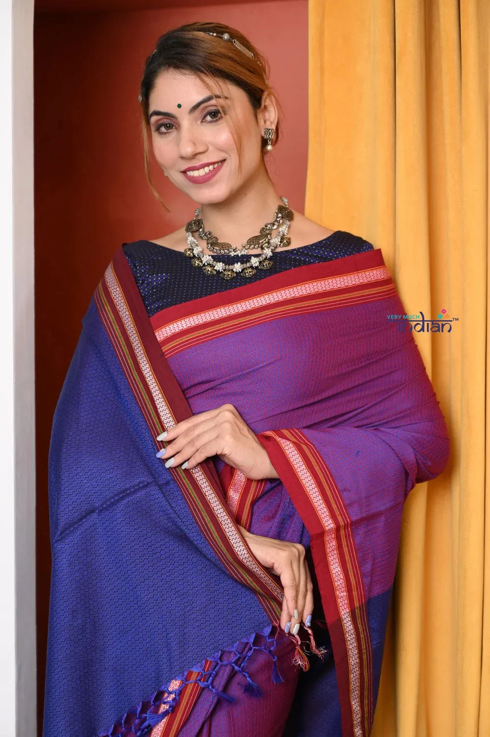 Traditional Khun Cotton Resham Saree, Dual Tone Pink-Purple