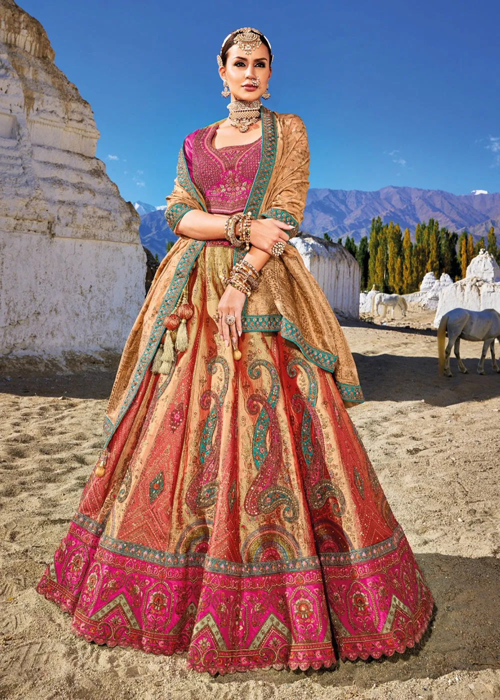 Traditional Multicolor Banarasi Silk Embroidered Bridal Lehenga Choli