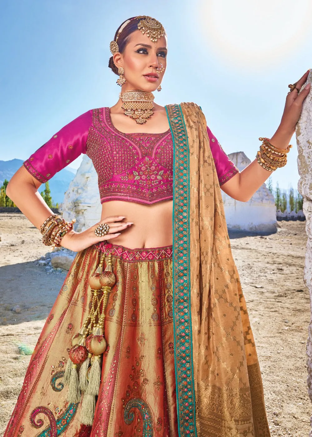 Traditional Multicolor Banarasi Silk Embroidered Bridal Lehenga Choli