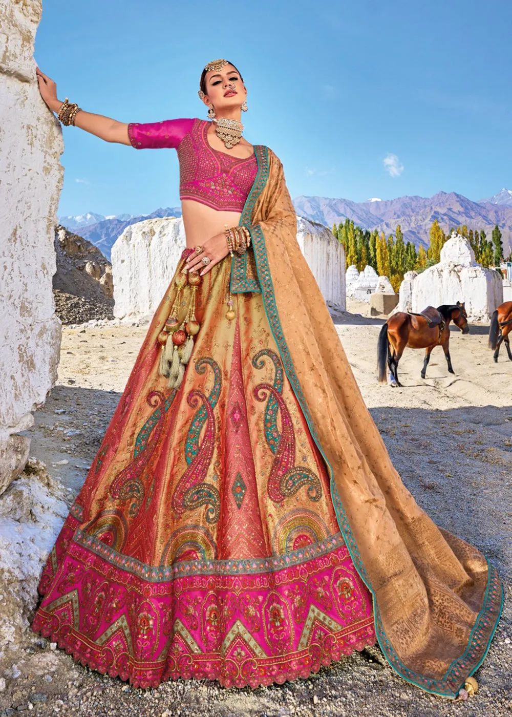 Traditional Multicolor Banarasi Silk Embroidered Bridal Lehenga Choli