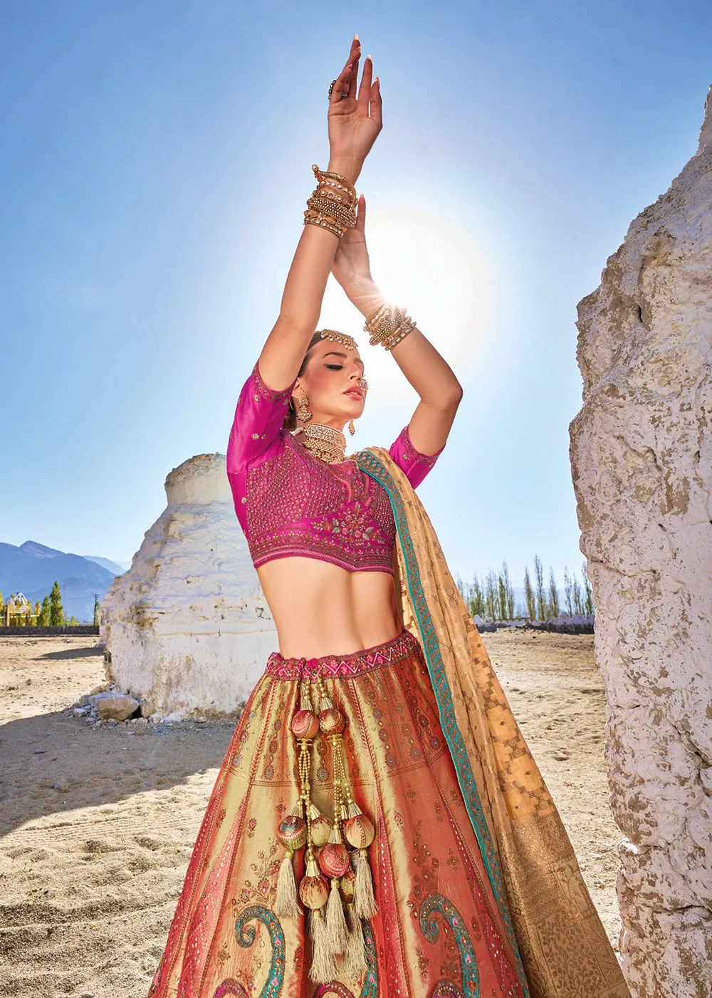 Traditional Multicolor Banarasi Silk Embroidered Bridal Lehenga Choli