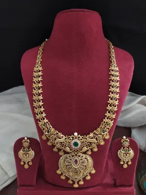 Traditional Peacock Designed Long Haram Set with Earrings