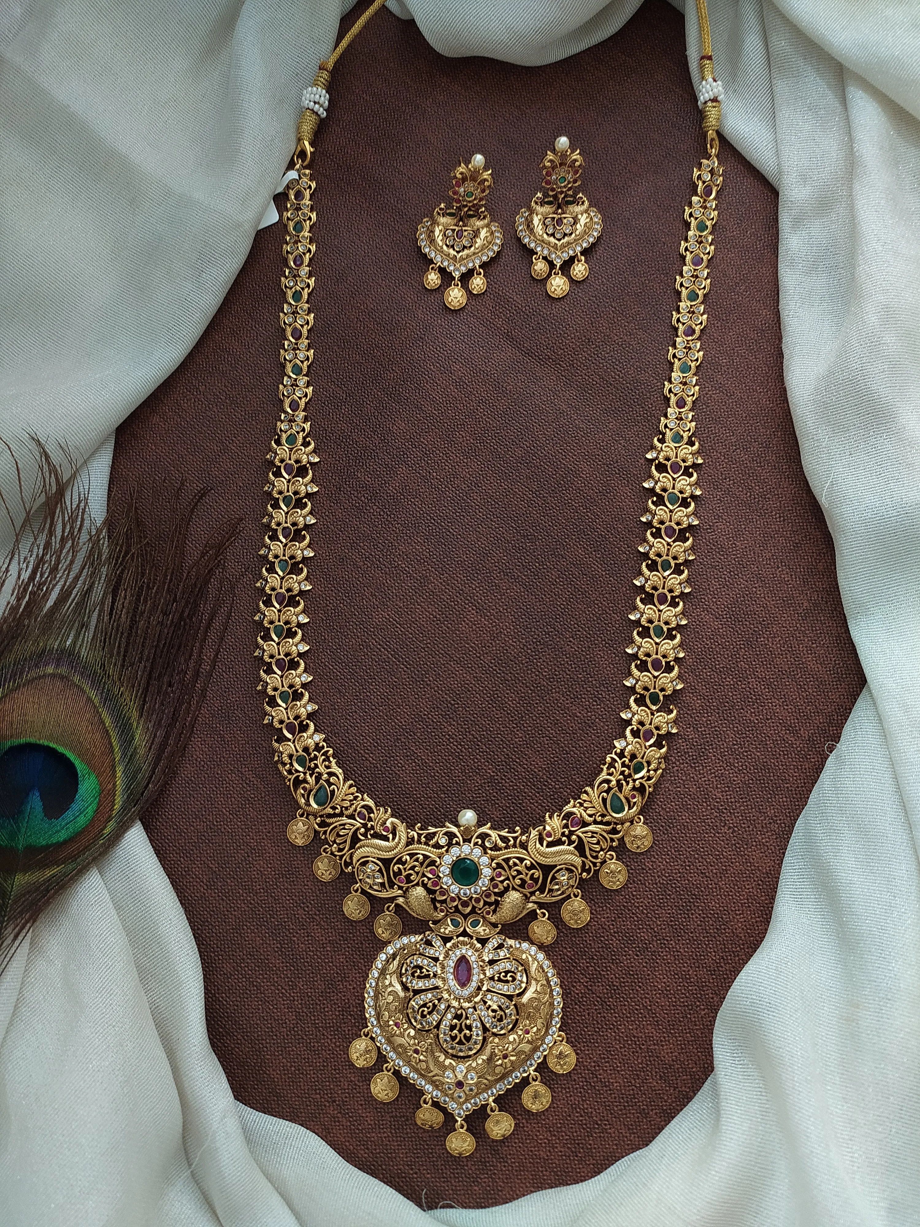 Traditional Peacock Designed Long Haram Set with Earrings