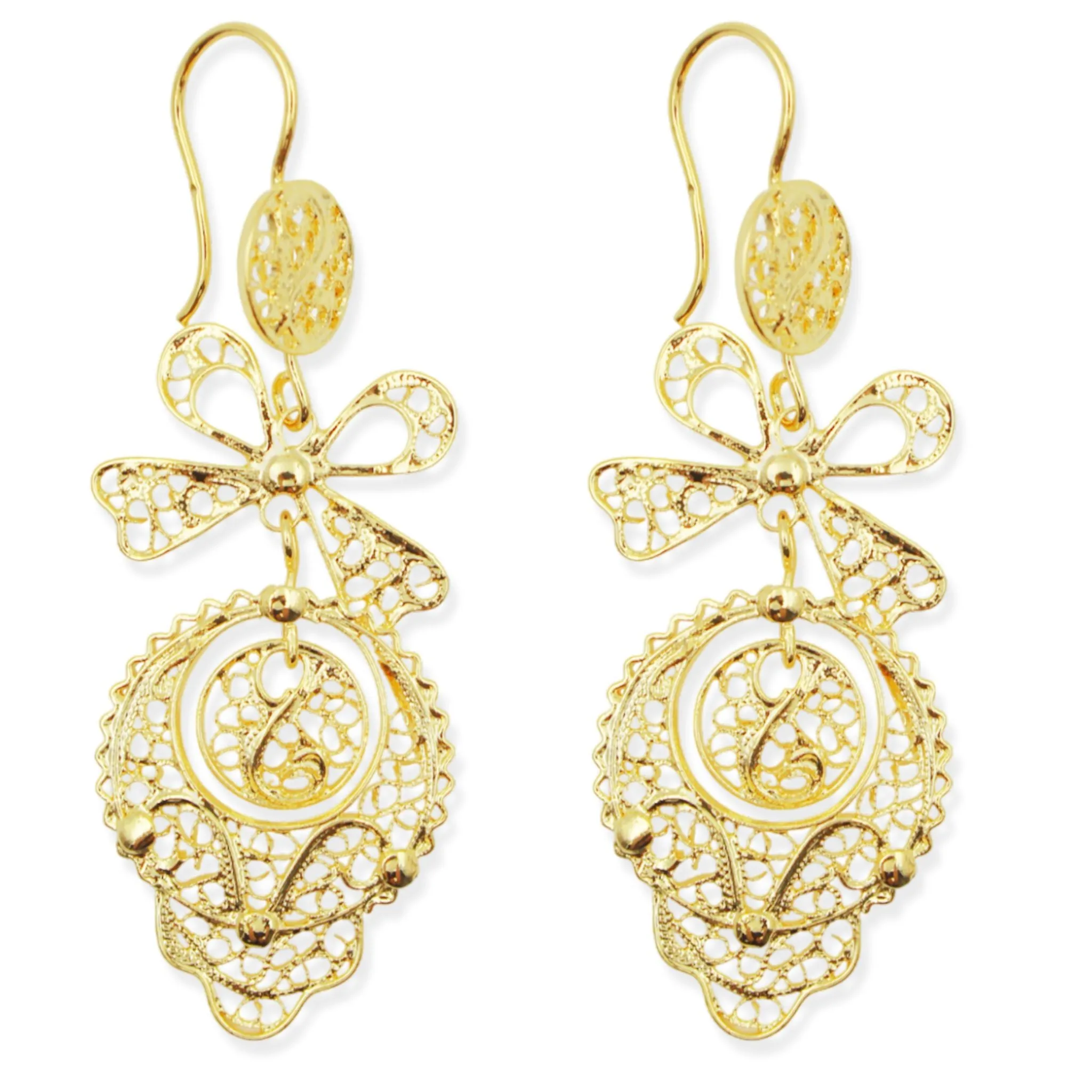 Traditional Portuguese Filigree Earrings, Gold-Color Rancho Style with Bow Design