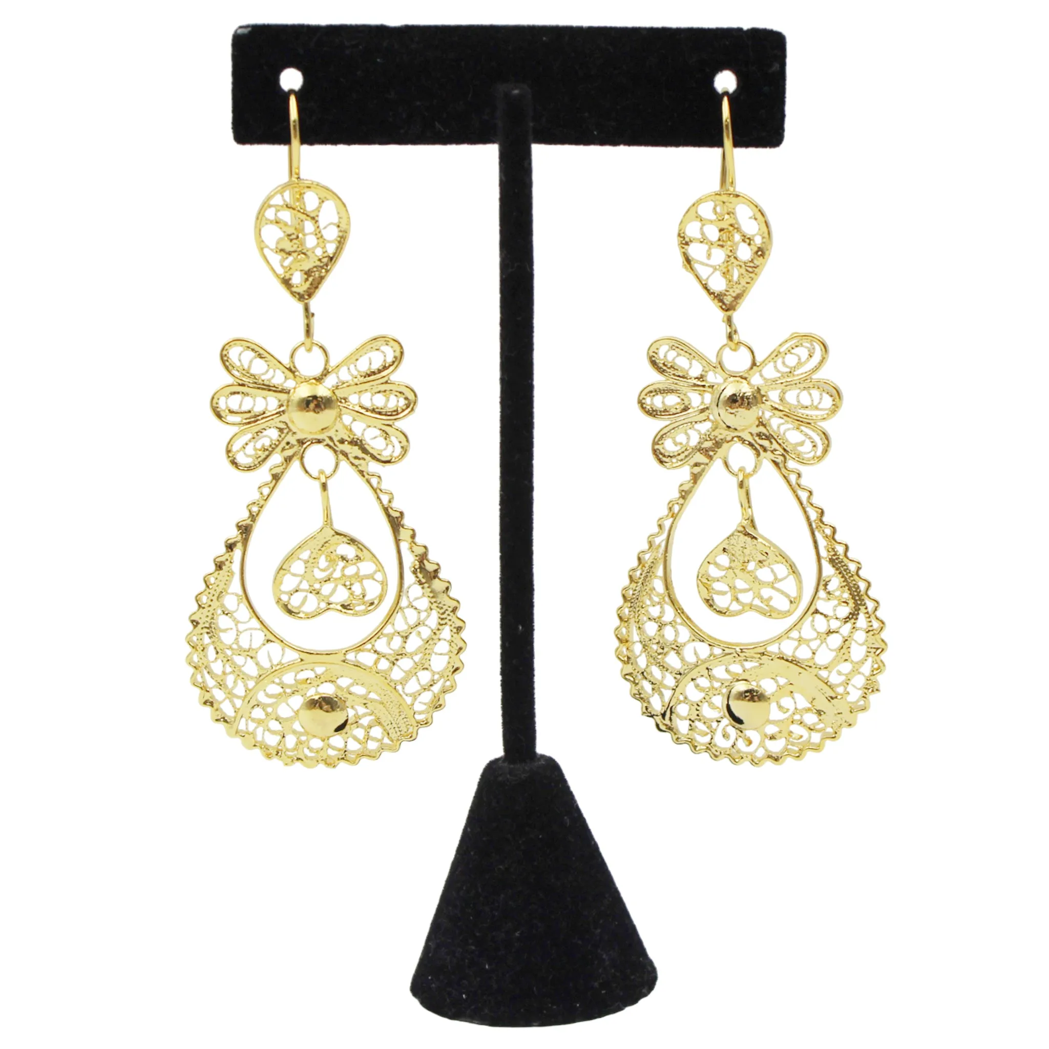 Traditional Portuguese Filigree Earrings, Gold-Color Rancho Style with Heart & Floral Design