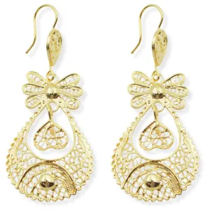 Traditional Portuguese Filigree Earrings, Gold-Color Rancho Style with Heart & Floral Design