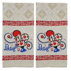 Traditional Portuguese Good Luck Rooster Red & Beige Cotton Kitchen Dish Towel, Set of 2