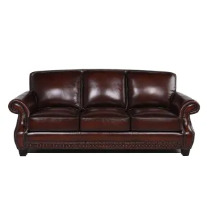 Traditional Roll Arm Nailhead Leather Sofa - Brown