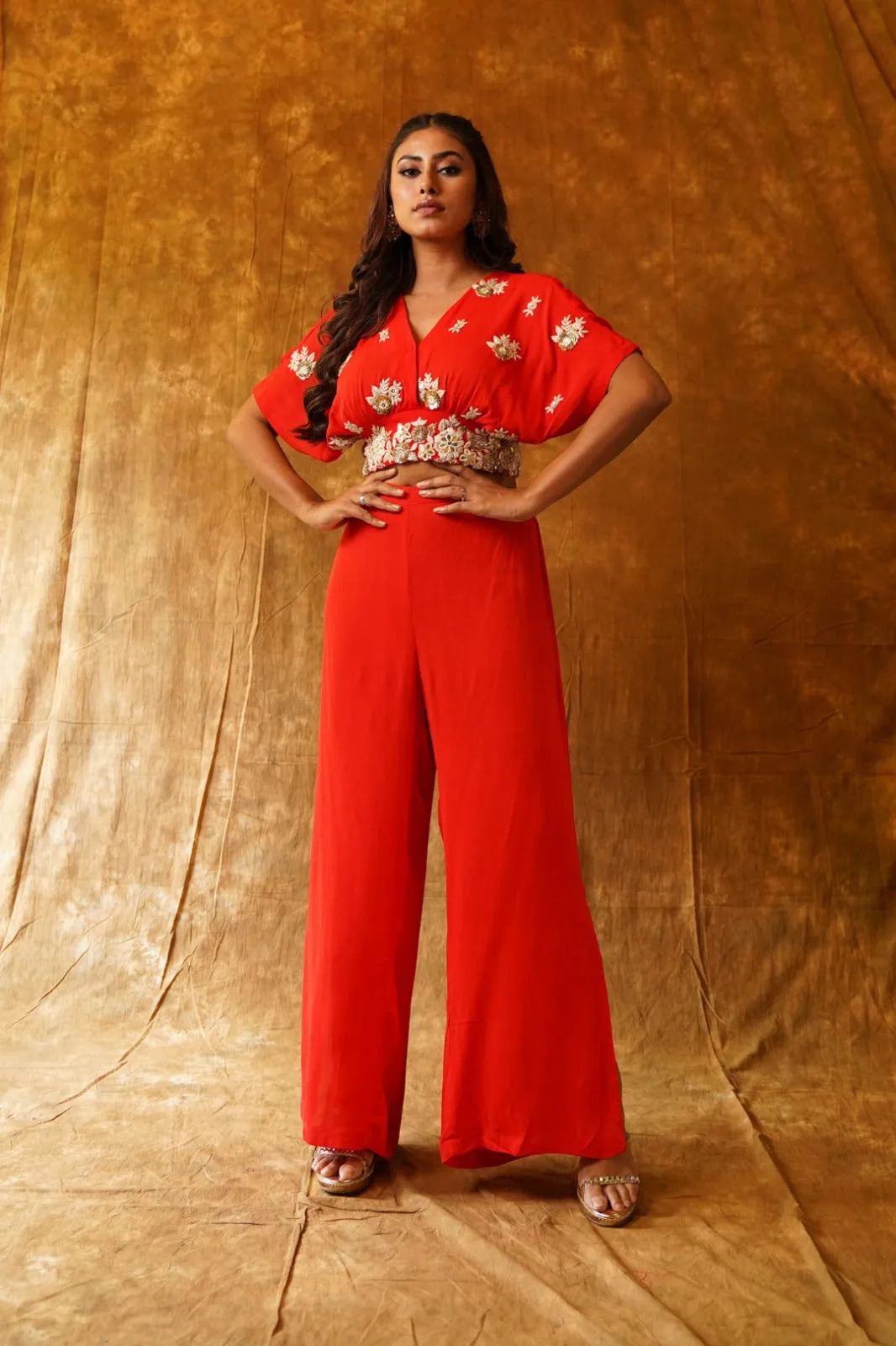 Traditional Twist: V-Neck Crop Top & Palazzo Pants Set