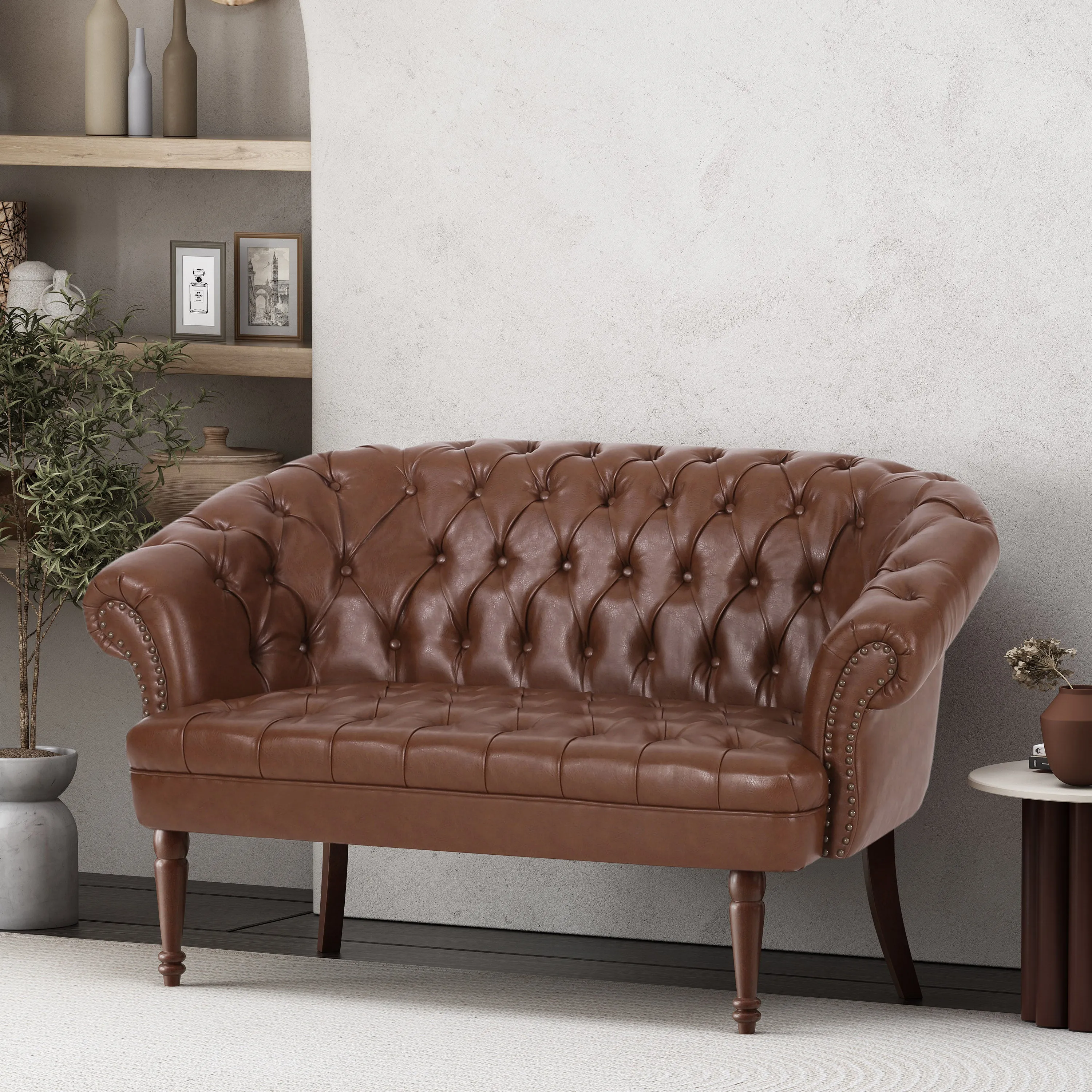 Trask Contemporary Leather Tufted Loveseat with Nailhead Trim