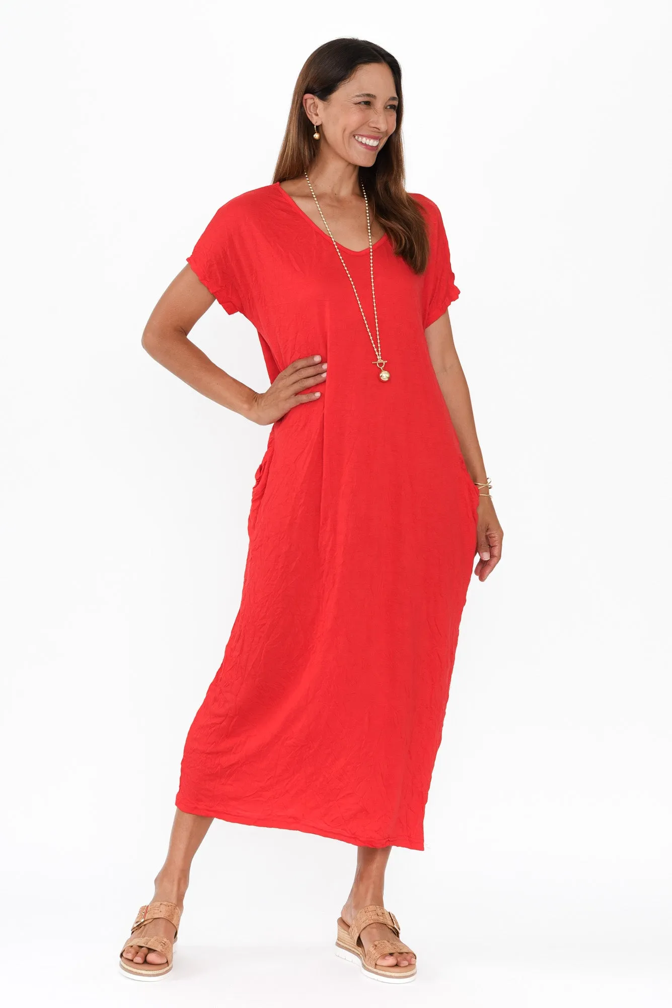 Travel Red Crinkle Cotton Maxi Dress