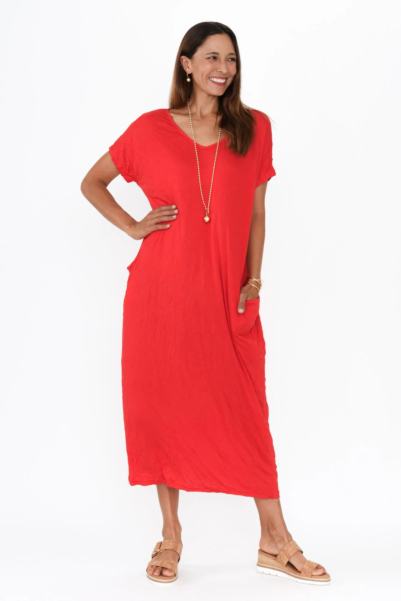 Travel Red Crinkle Cotton Maxi Dress