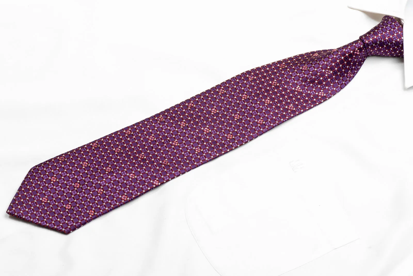 Trellis & Silver Micro Squares On Purple Rhinestone Silk Necktie With Purple Sparkles