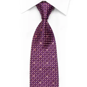 Trellis & Silver Micro Squares On Purple Rhinestone Silk Necktie With Purple Sparkles