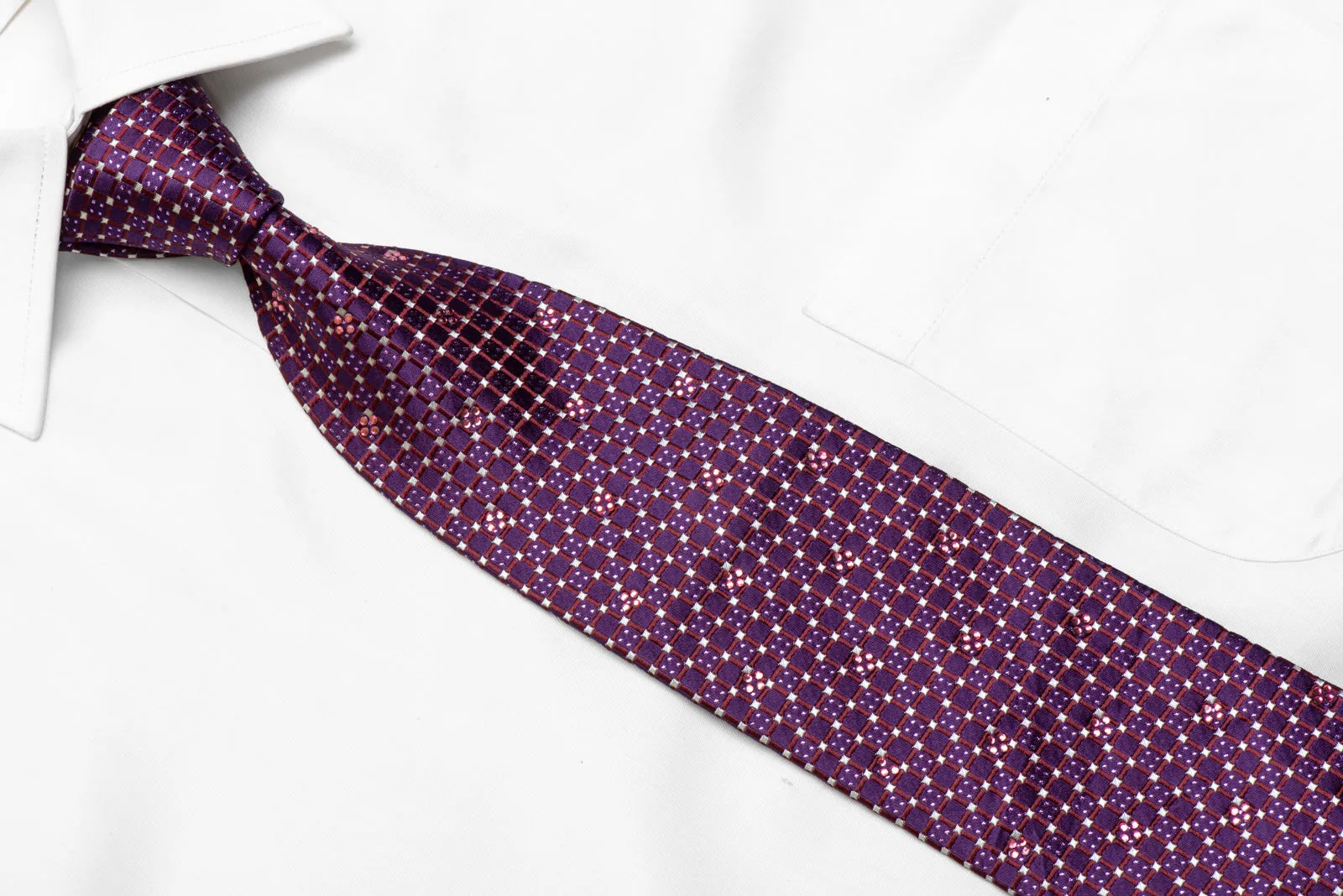 Trellis & Silver Micro Squares On Purple Rhinestone Silk Necktie With Purple Sparkles