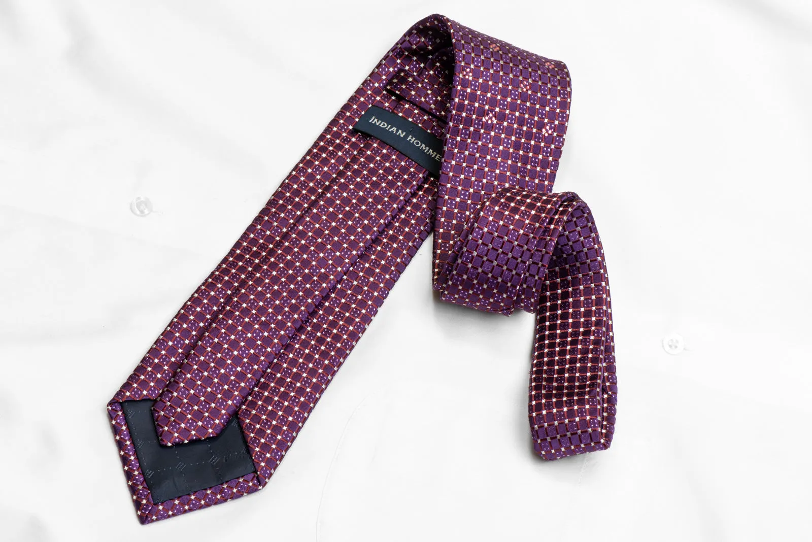 Trellis & Silver Micro Squares On Purple Rhinestone Silk Necktie With Purple Sparkles