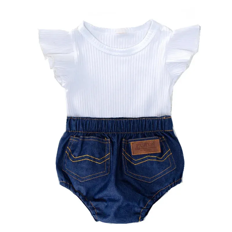 Trendy Baby Romper Jean Outfit With Headband