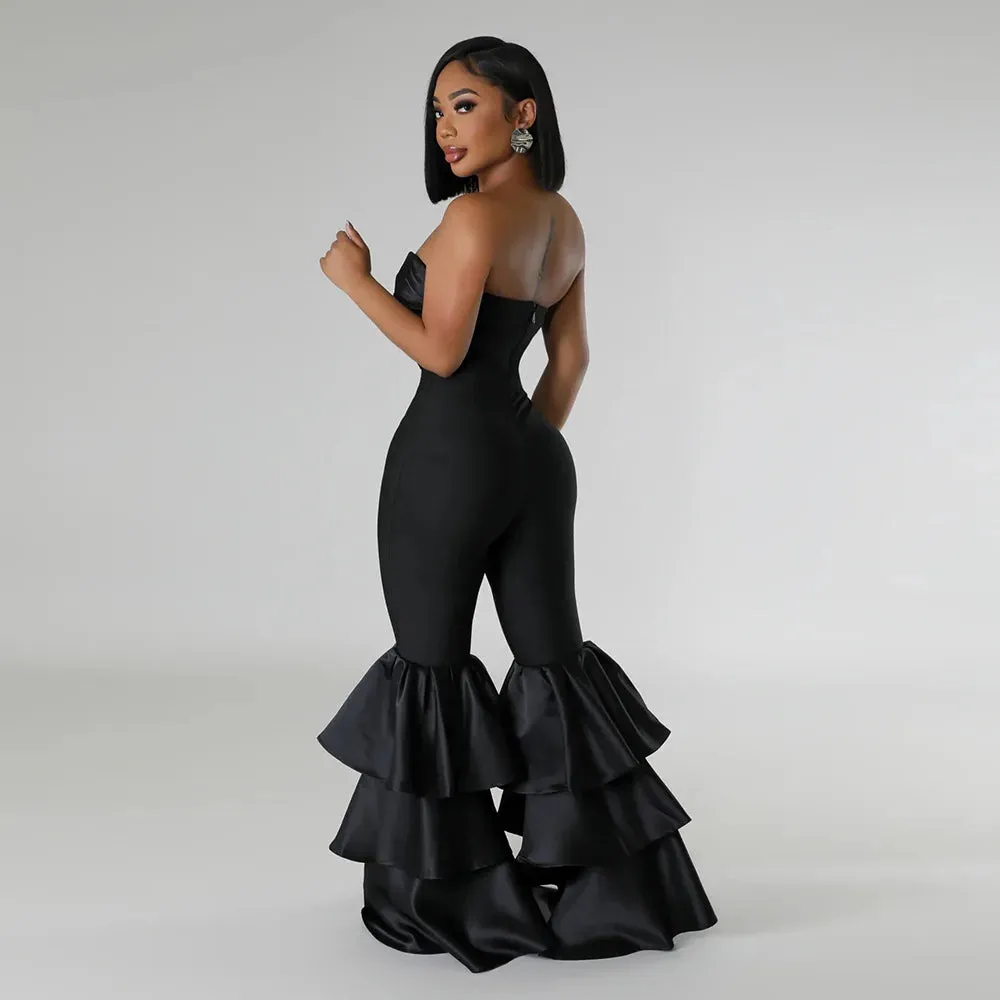 Trendy Black Satin Ruffle Halter Jumpsuit