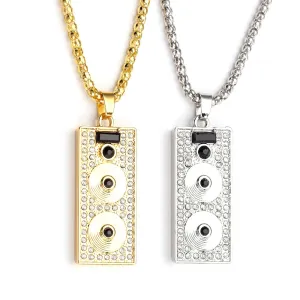 Trendy DJ audio player Square Pendant Necklaces with Rhinestone in Gold Color