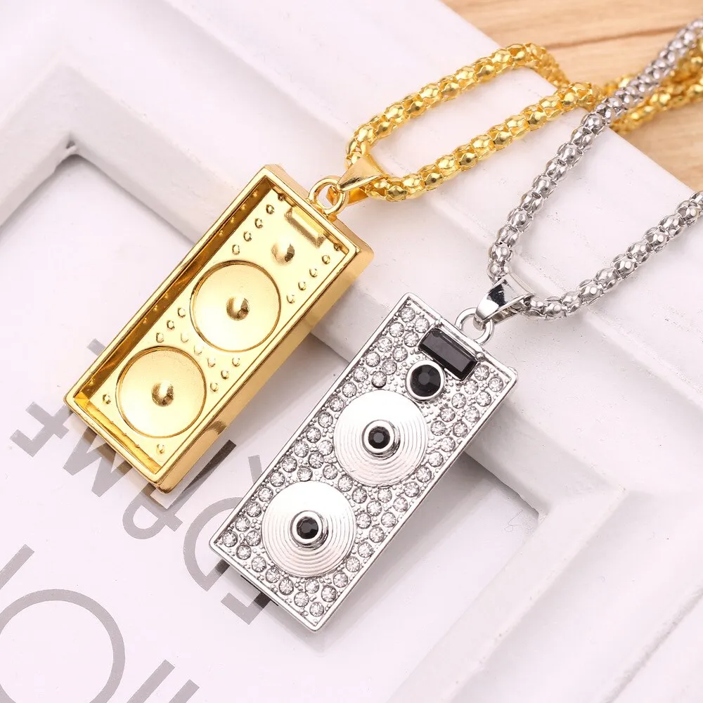 Trendy DJ audio player Square Pendant Necklaces with Rhinestone in Gold Color