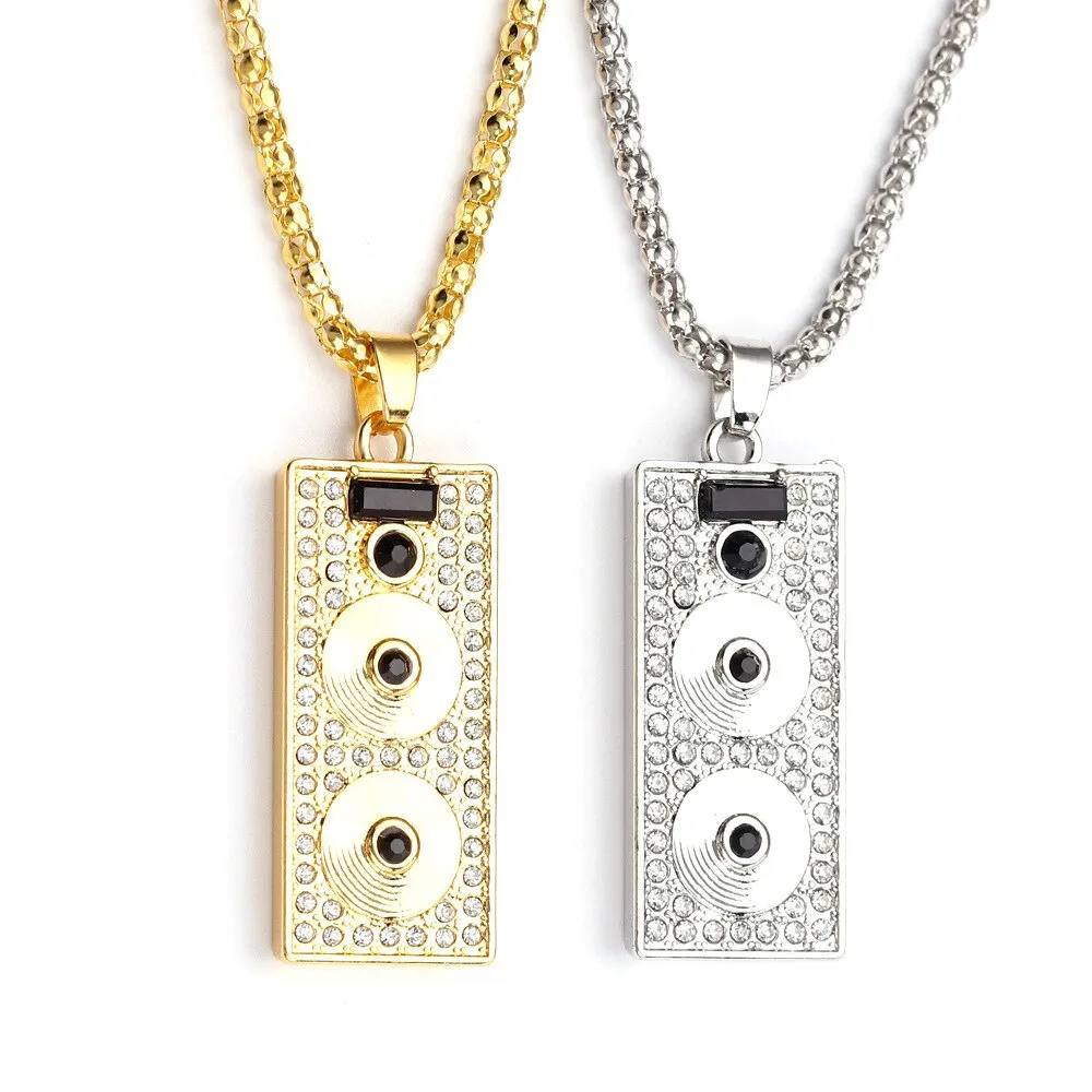 Trendy DJ audio player Square Pendant Necklaces with Rhinestone in Gold Color