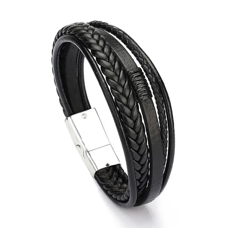 Trendy Genuine Leather Bracelets Men Stainless Steel Multilayer Braided Rope Bracelets for Male Female Bracelets Jewelry