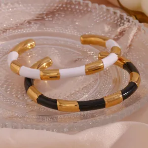 Trendy Geometric Gold and Black/White Bangle Bracelets – Link Bracelets for Women